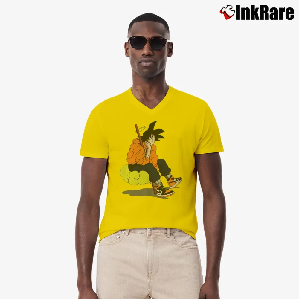 Men’s Goku Nimbus Cloud Dragon Ball Z Retro V-Neck Tee in yellow | Sharp, Breathable, Everyday Staple