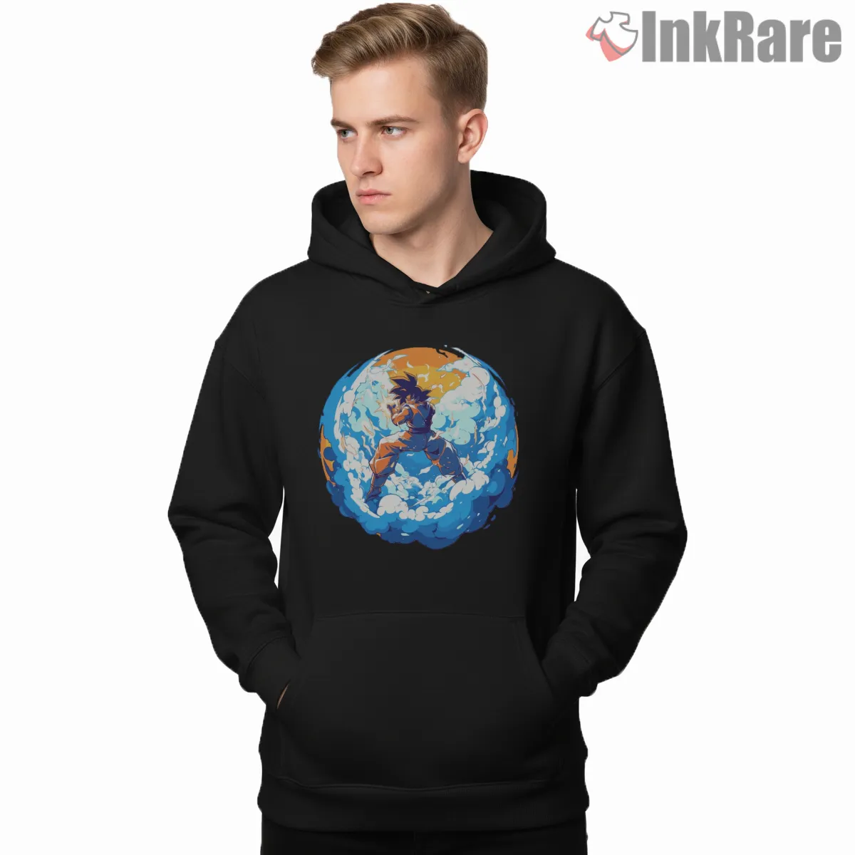 Goku Ocean Sphere Energy Clash Shirt on black hoodie for men graphic tee