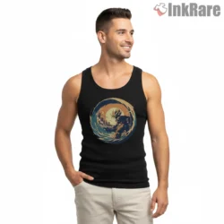 Goku Ocean Wave City Sunset Shirt on black tank top for men graphic tee