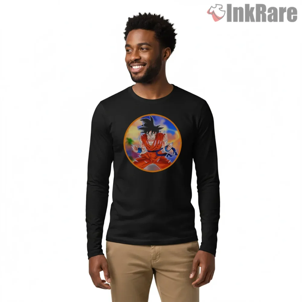 Goku Power Pose Sunset Circle Shirt on black long sleeve shirt for men graphic tee