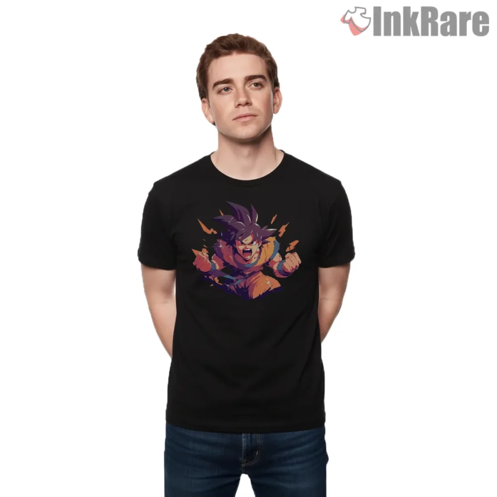 Goku Rage Burst Dynamic Shout Shirt on black short sleeve shirt for men graphic tee