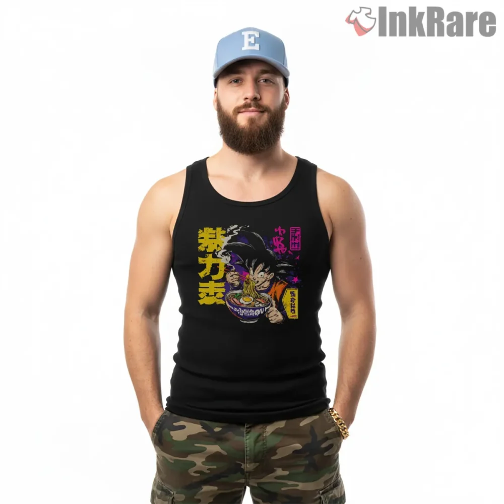 Goku Ramen Bowl Street Food Shirt on black tank top for men graphic tee