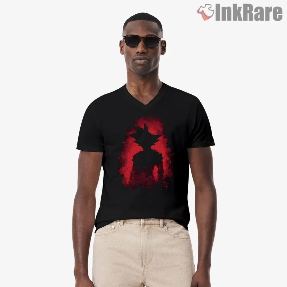 Goku Red Shadow Silhouette Shirt on black v-neck shirt for men graphic tee