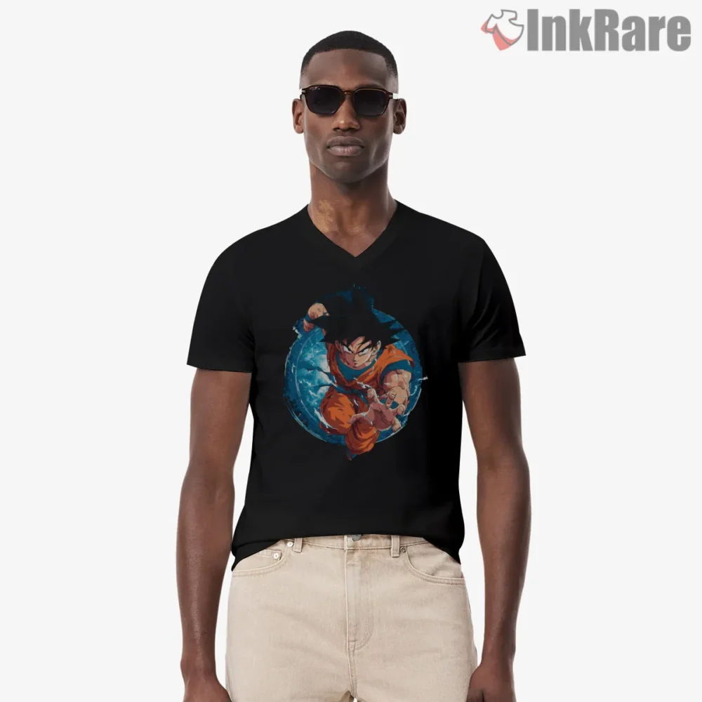 Goku Rising Wave Energy Blast Dragon Ball Shirt on black v-neck shirt for men graphic tee