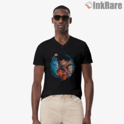 Goku Rising Wave Energy Blast Dragon Ball Shirt on black v-neck shirt for men graphic tee