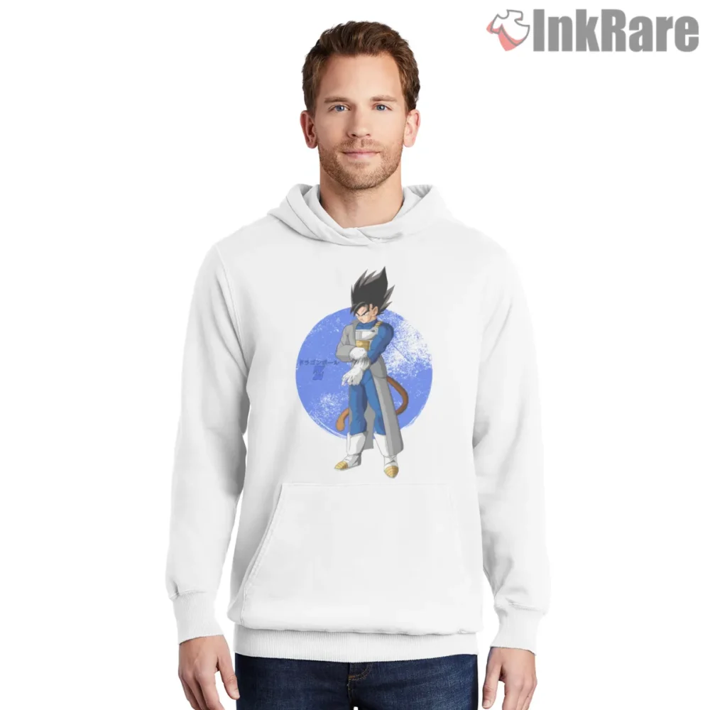 Goku Saiyan Armor Blue Aura Warrior Shirt on white hoodie for men graphic tee