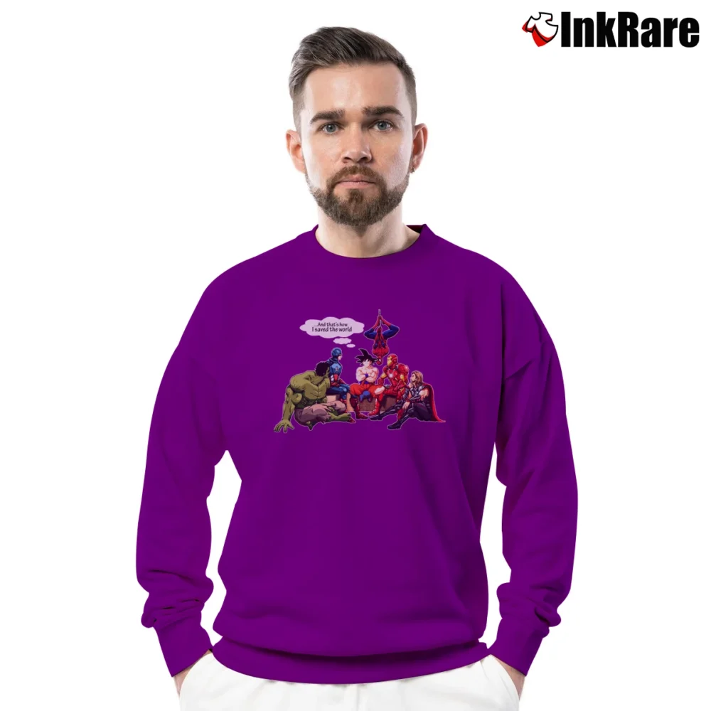 Men’s Goku Saved The World Funny Dragon Ball Avengers Crewneck Sweatshirt in purple | Cozy Fabric, Clean Style