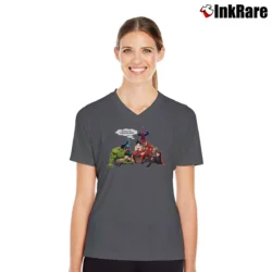 Women’s Goku Saved The World Funny Dragon Ball Avengers V-Neck Tee in charcoal | Chic Neckline, Soft Texture