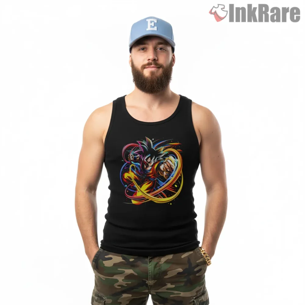 Goku Spiraling Rainbow Energy Rush Shirt on black tank top for men graphic tee