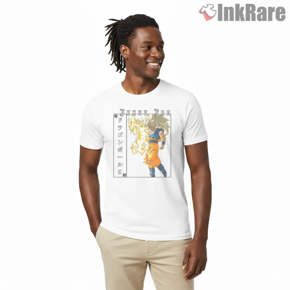 Goku Ssj3 Golden Mane Manga Frame Shirt on white short sleeve shirt for men graphic tee