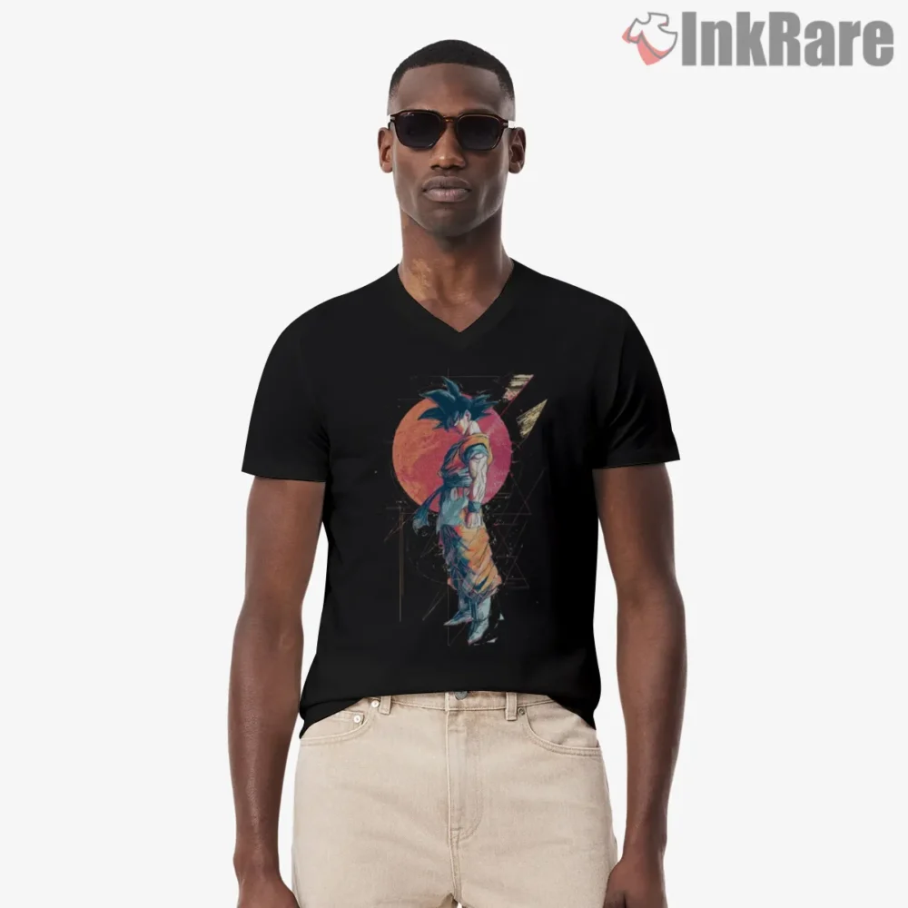Goku Sunset Silhouette Geometric Glow Shirt on black v-neck shirt for men graphic tee