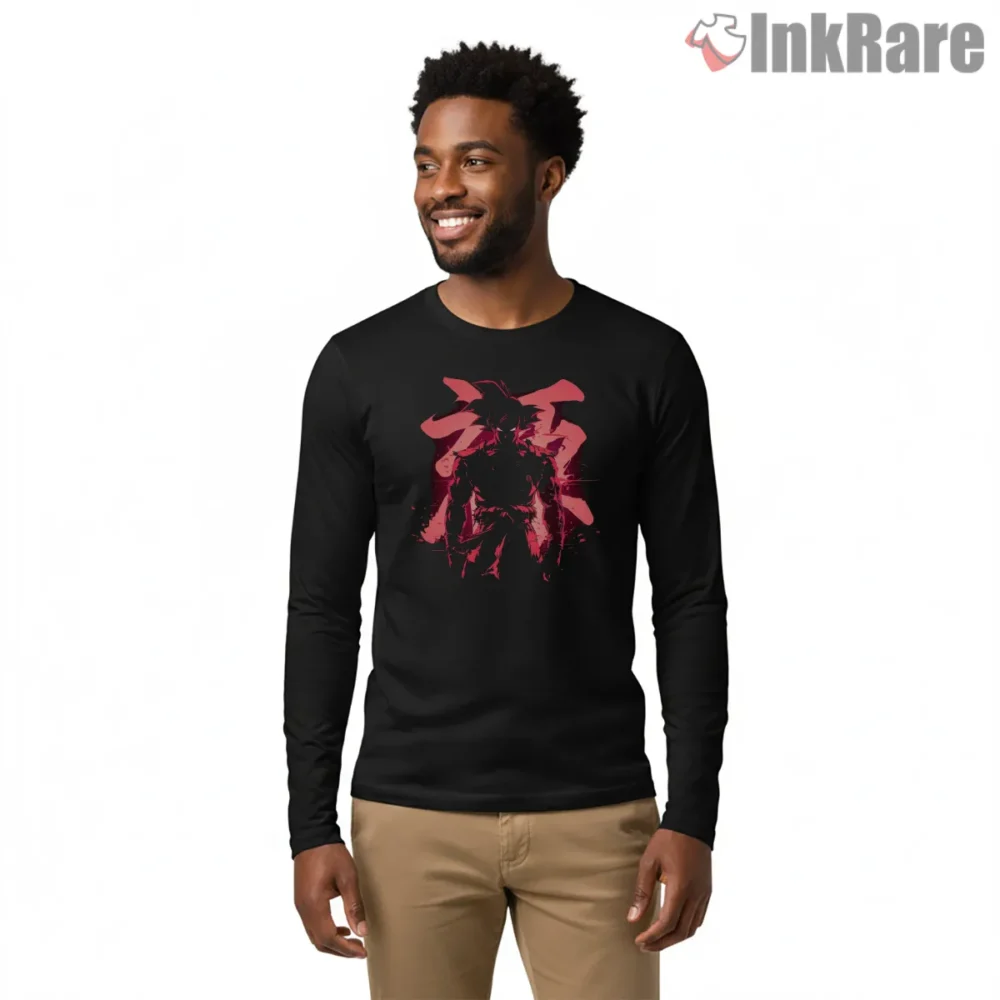 Goku Super Saiyan Glitch Neon Shirt on black long sleeve shirt for men graphic tee