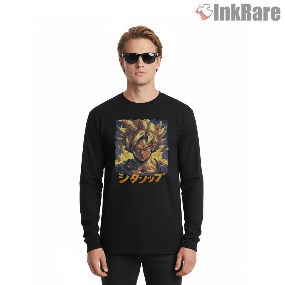 Goku Super Saiyan Golden Focus Portrait Shirt on black long sleeve shirt for men graphic tee