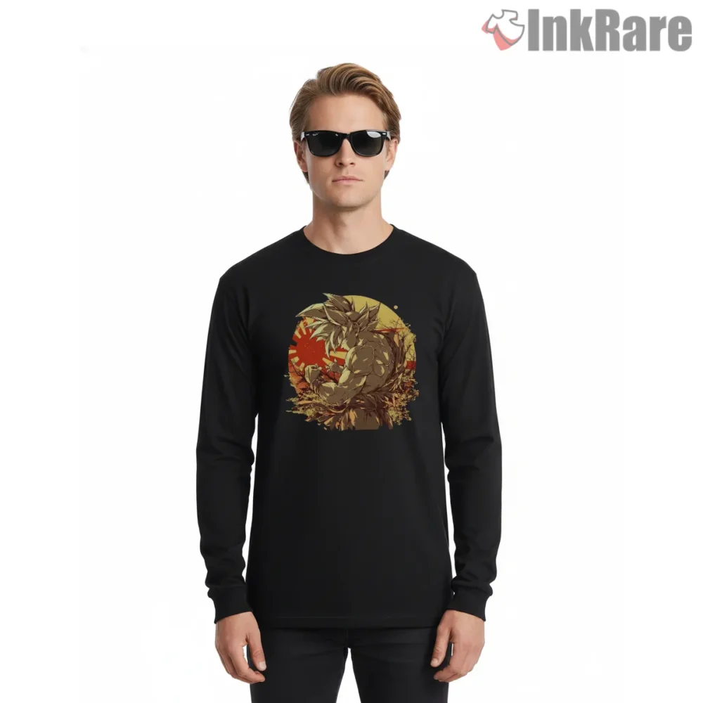 Goku Super Saiyan Golden Laurel Crest Shirt on black long sleeve shirt for men graphic tee