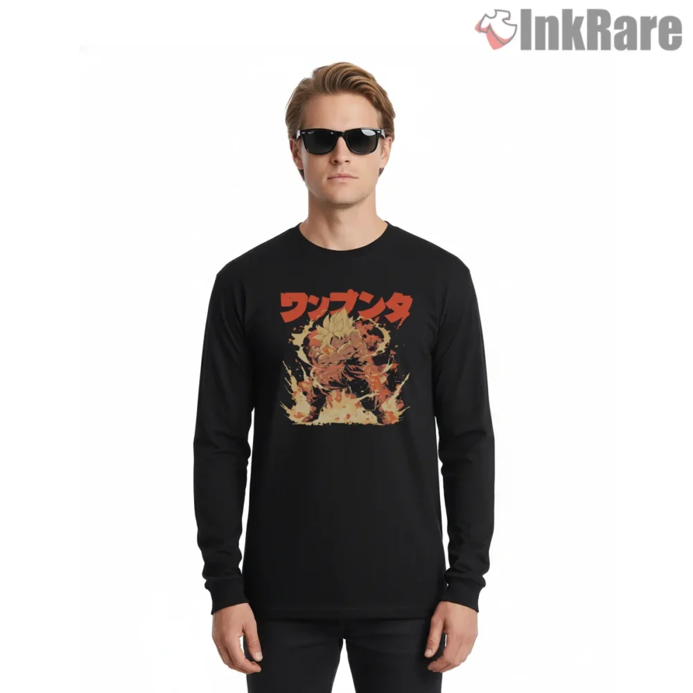 Goku Super Saiyan Kanji Blast Shirt on black long sleeve shirt for men graphic tee
