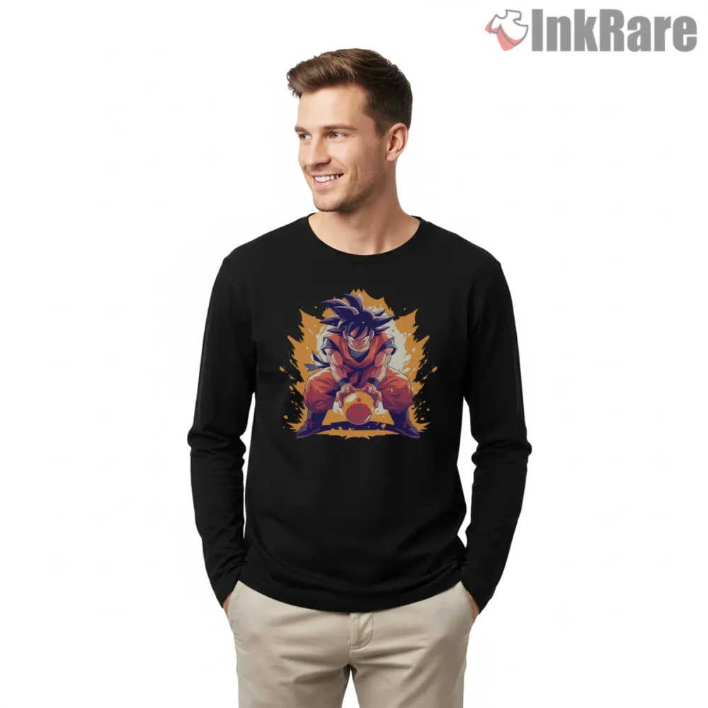 Goku Super Saiyan Power Burst Shirt on black long sleeve shirt for men graphic tee
