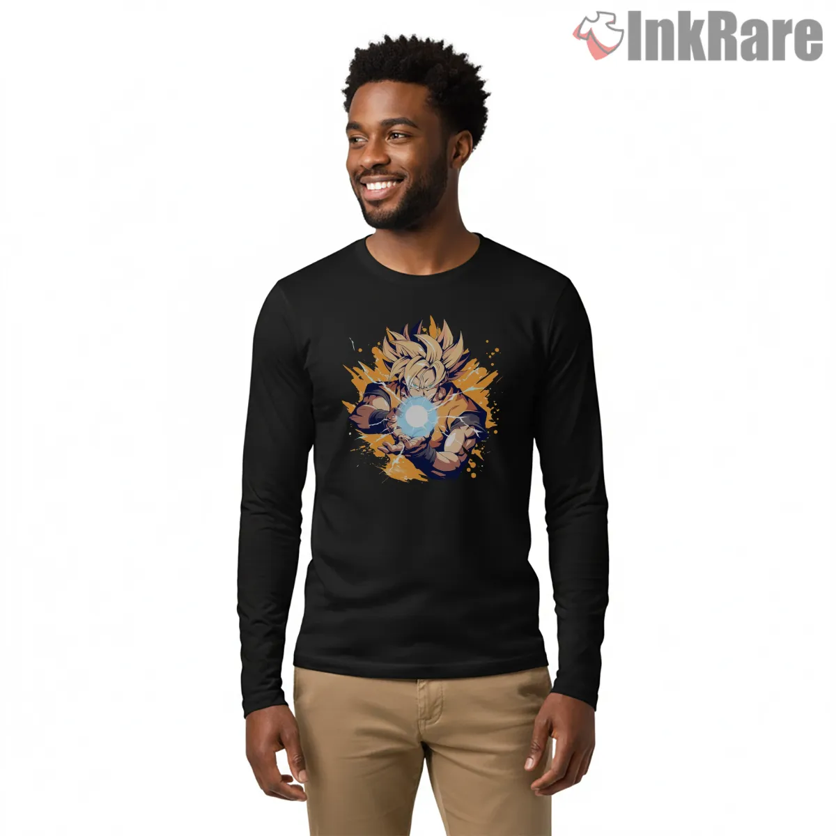 Goku Super Saiyan Radiant Sphere Long Sleeve Black Goku Super Saiyan Radiant Sphere Shirt on black long sleeve shirt for men graphic tee