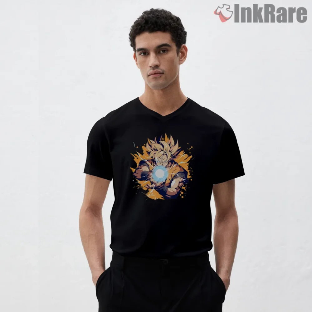 Goku Super Saiyan Radiant Sphere Shirt on black v-neck shirt for men graphic tee