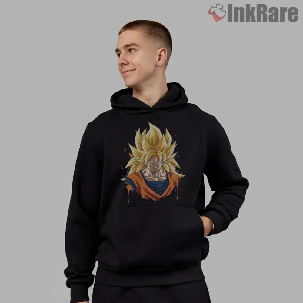 Goku Super Saiyan Three Iconic Hair Shirt on black hoodie for men graphic tee