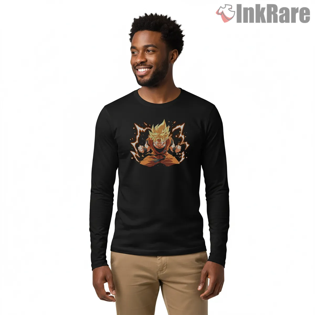 Goku Thunder Ring Power Charge Shirt on black long sleeve shirt for men graphic tee