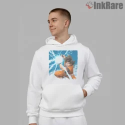Goku Thunderstrike Kamehameha Power Shirt on white hoodie for men graphic tee