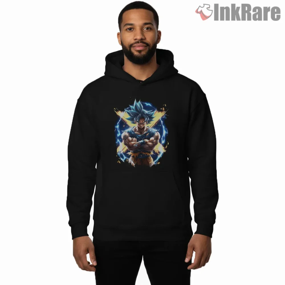 Goku Ultra Form Golden Blue Aura Shirt on black hoodie for men graphic tee