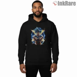 Goku Ultra Form Golden Blue Aura Shirt on black hoodie for men graphic tee