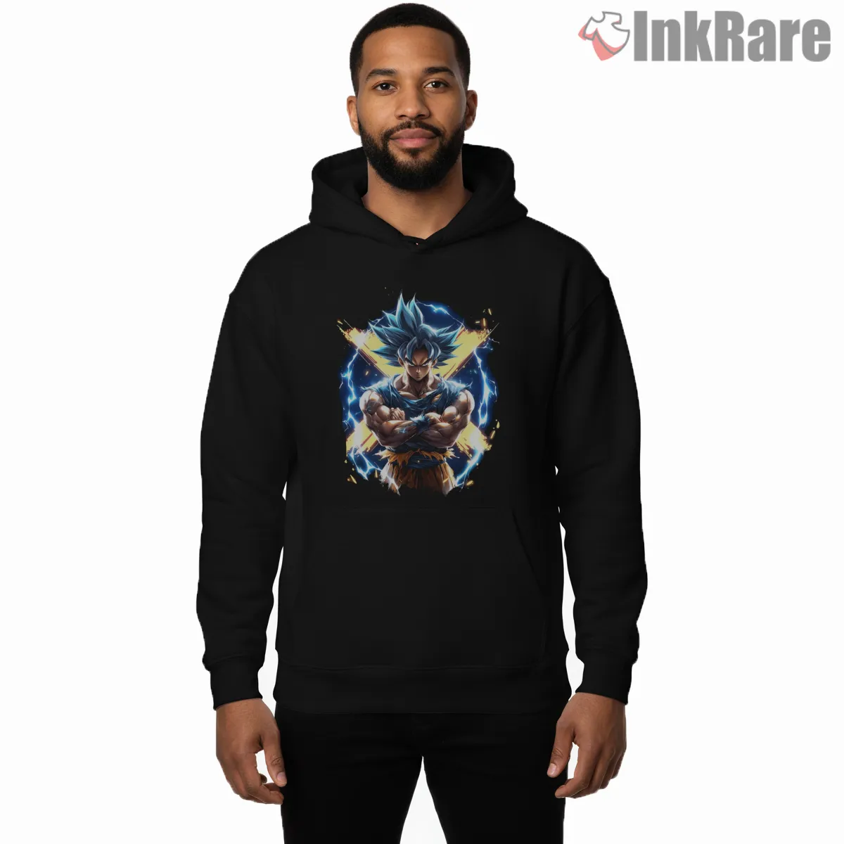 Goku Ultra Form Golden Blue Aura Hoodie Black Goku Ultra Form Golden Blue Aura Shirt on black hoodie for men graphic tee
