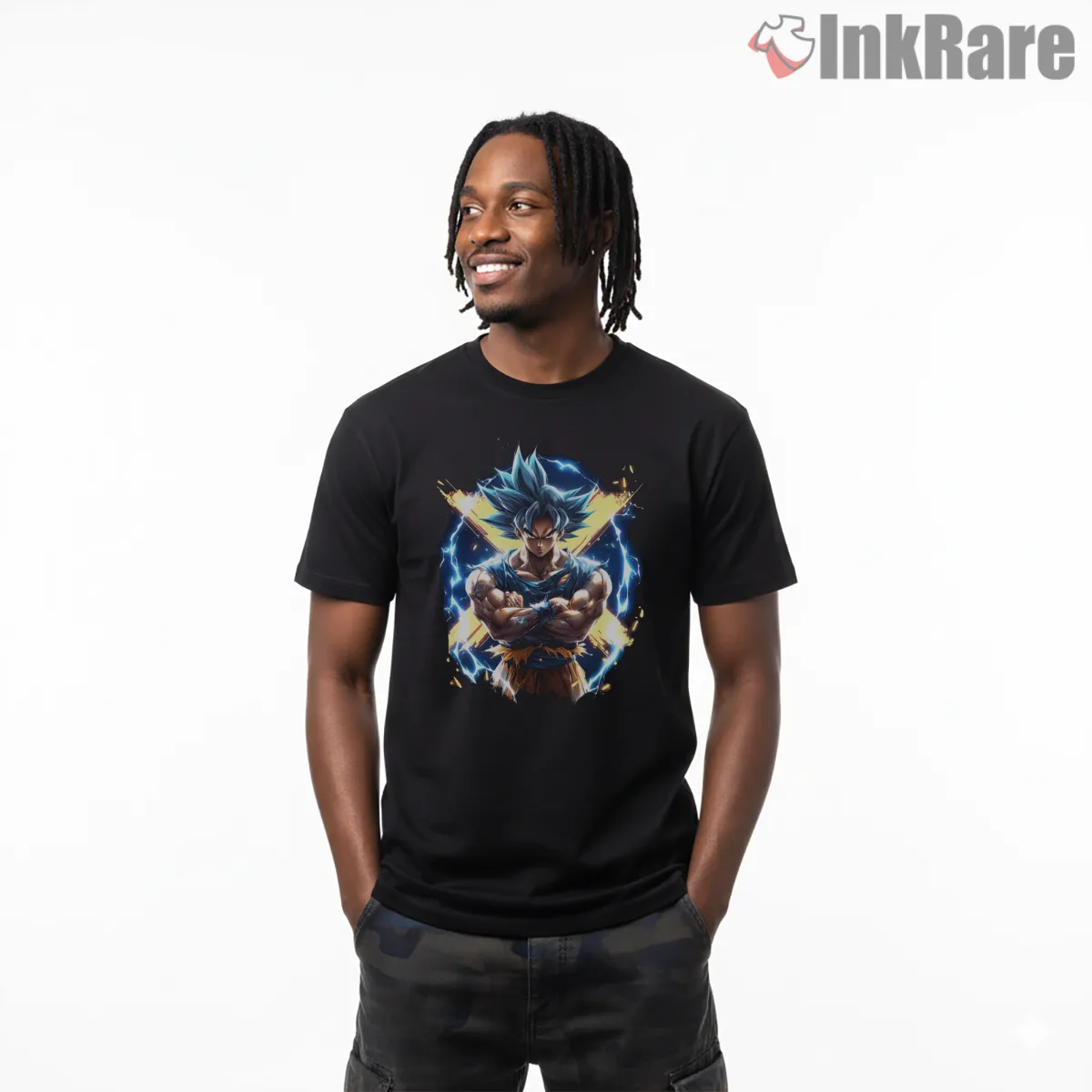Goku Ultra Form Golden Blue Aura Short Sleeve Black Goku Ultra Form Golden Blue Aura Shirt on black short sleeve shirt for men graphic tee