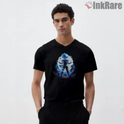 Goku Ultra Instinct Blue Flame Aura Shirt on black v-neck shirt for men graphic tee