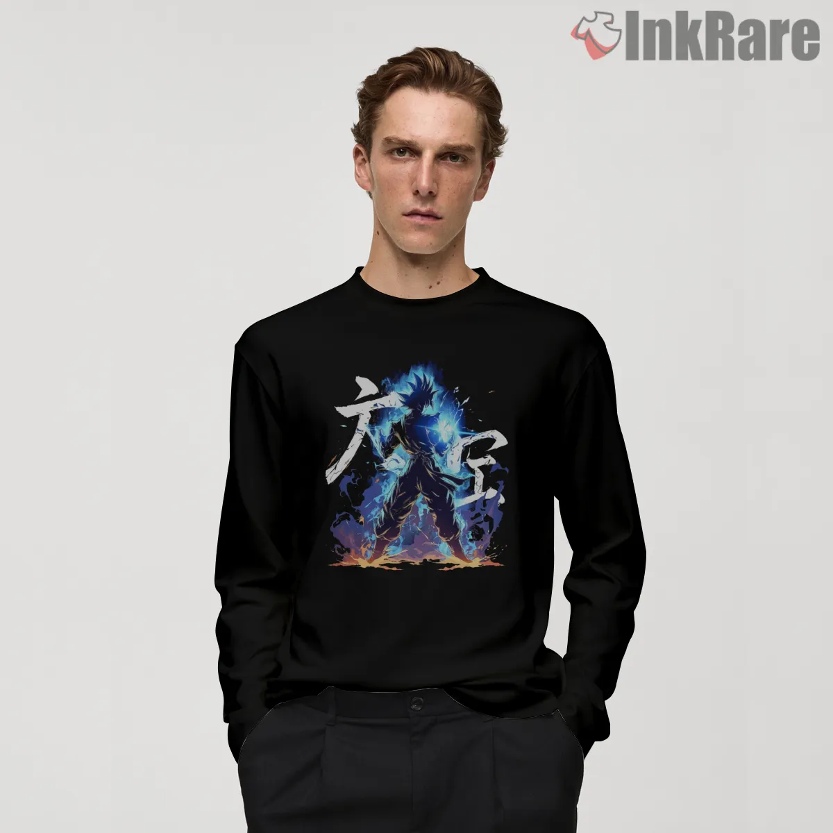 Goku Ultra Instinct Blue Flame Silhouette Long Sleeve Black Goku Ultra Instinct Blue Flame Silhouette Shirt on black long sleeve shirt for men graphic tee