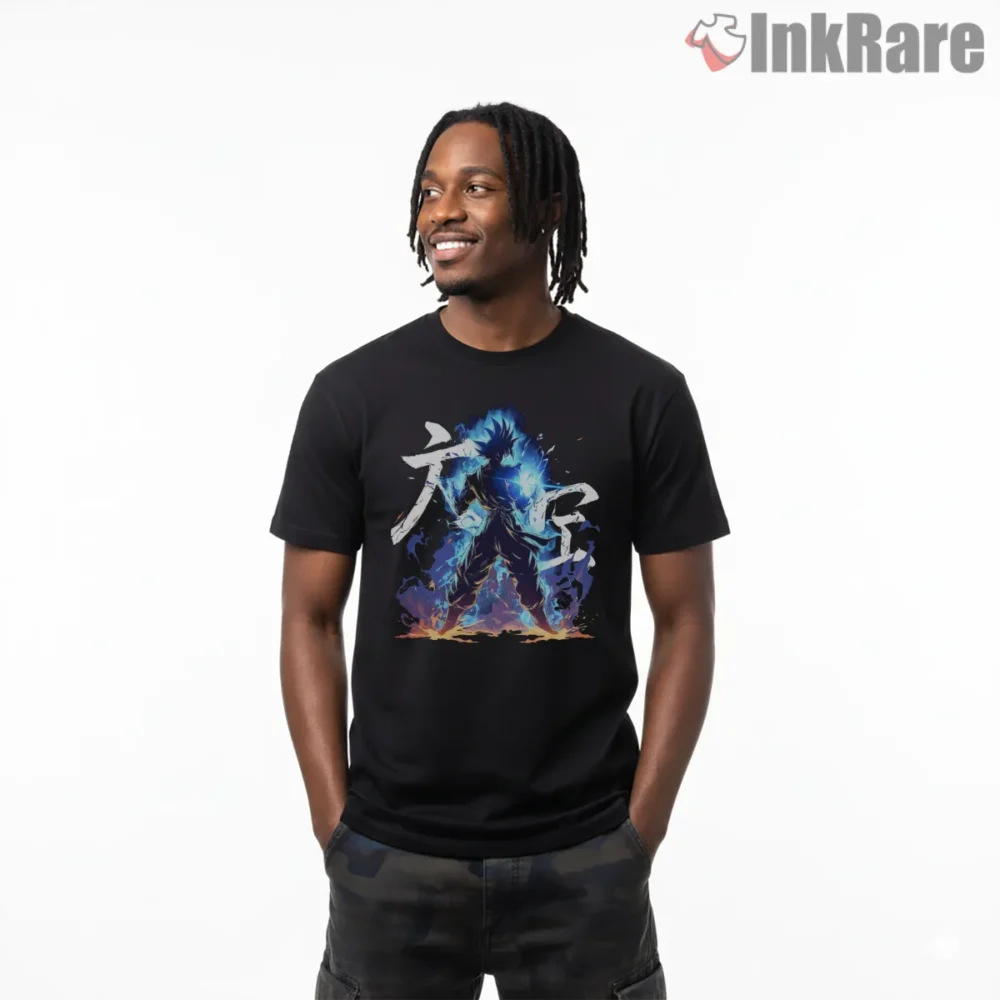 Goku Ultra Instinct Blue Flame Silhouette Shirt on black short sleeve shirt for men graphic tee