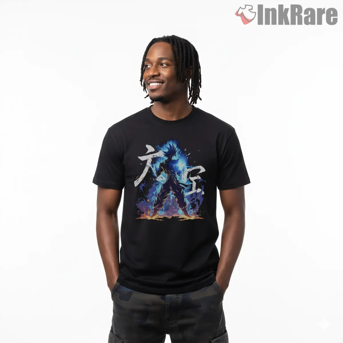 Goku Ultra Instinct Blue Flame Silhouette Short Sleeve Black Goku Ultra Instinct Blue Flame Silhouette Shirt on black short sleeve shirt for men graphic tee
