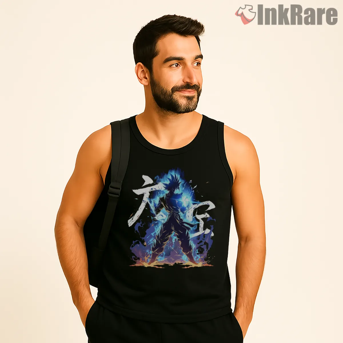 Goku Ultra Instinct Blue Flame Silhouette Tank Top Black Goku Ultra Instinct Blue Flame Silhouette Shirt on black tank top for men graphic tee