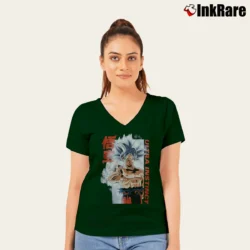 Women’s Goku Ultra Instinct Dragon Ball Super V-Neck Tee in forest green | Chic Neckline, Soft Texture