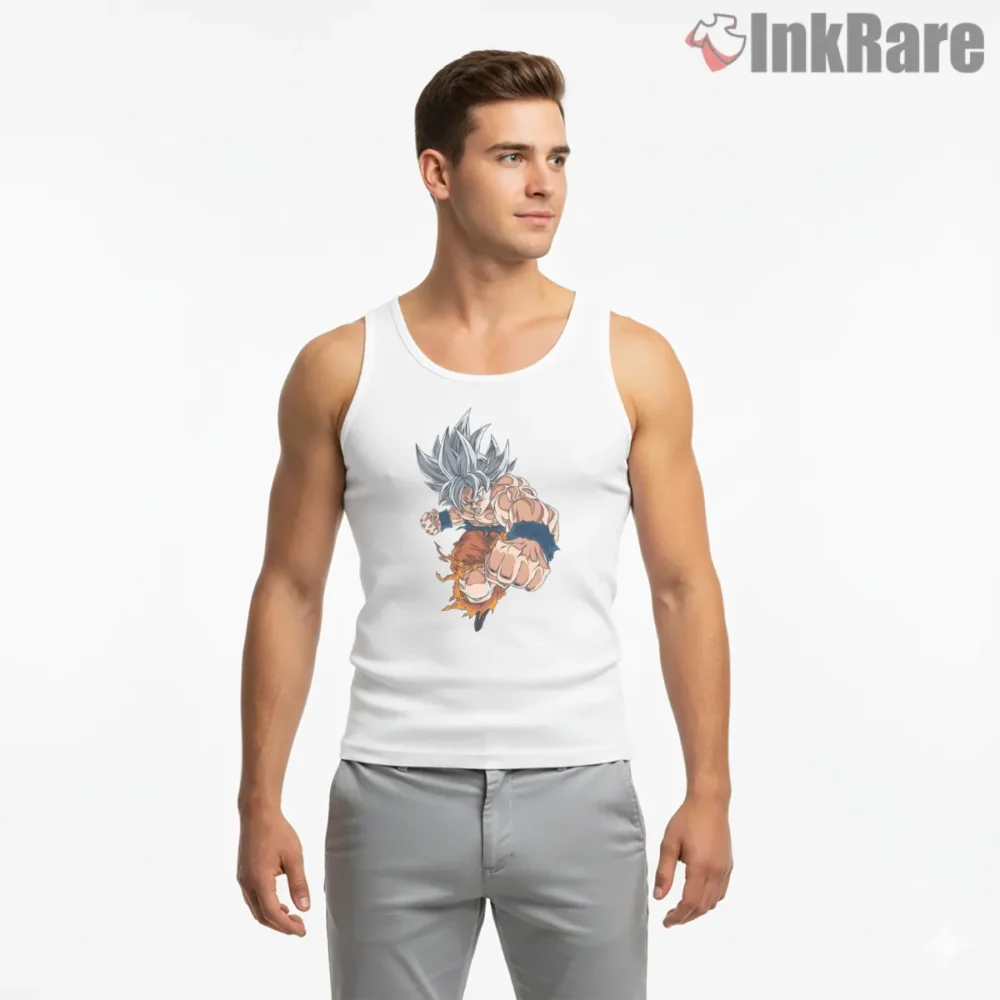 Goku Ultra Instinct Fierce Battle Strike Shirt on white tank top for men graphic tee