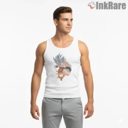 Goku Ultra Instinct Fierce Battle Strike Shirt on white tank top for men graphic tee