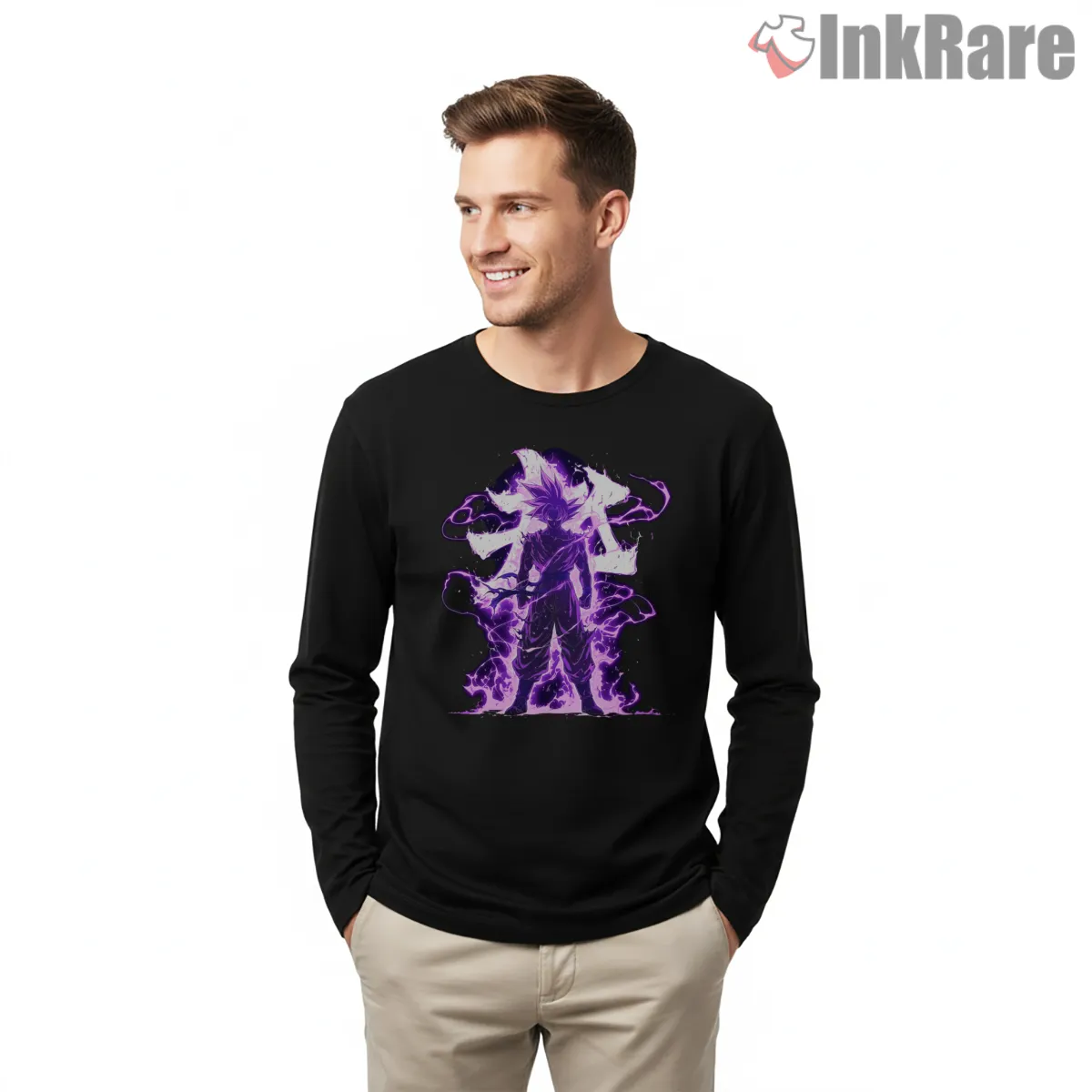 Goku Ultra Instinct Purple Storm Aura Long Sleeve Black Goku Ultra Instinct Purple Storm Aura Shirt on black long sleeve shirt for men graphic tee