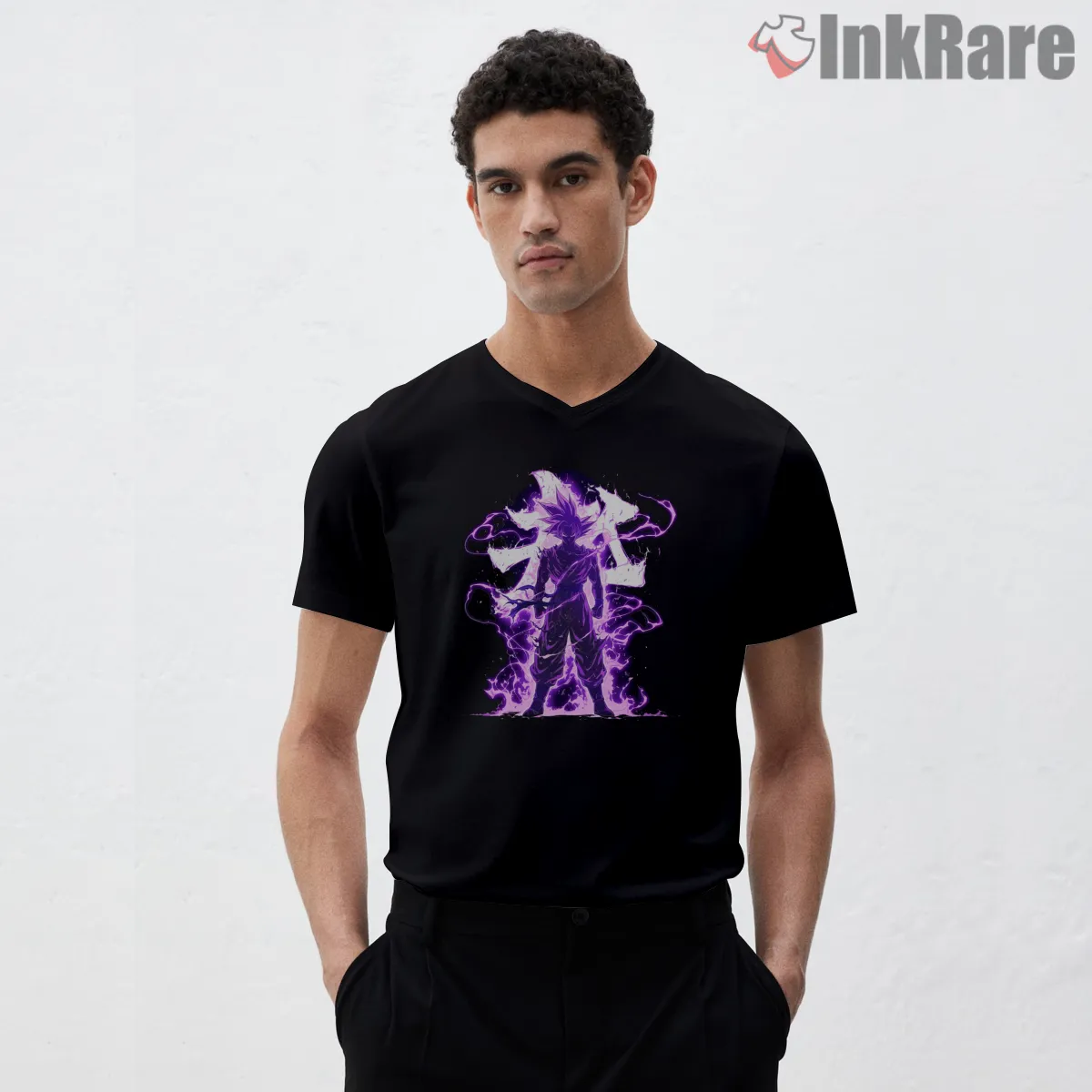 Goku Ultra Instinct Purple Storm Aura V Neck Black Goku Ultra Instinct Purple Storm Aura Shirt on black v-neck shirt for men graphic tee