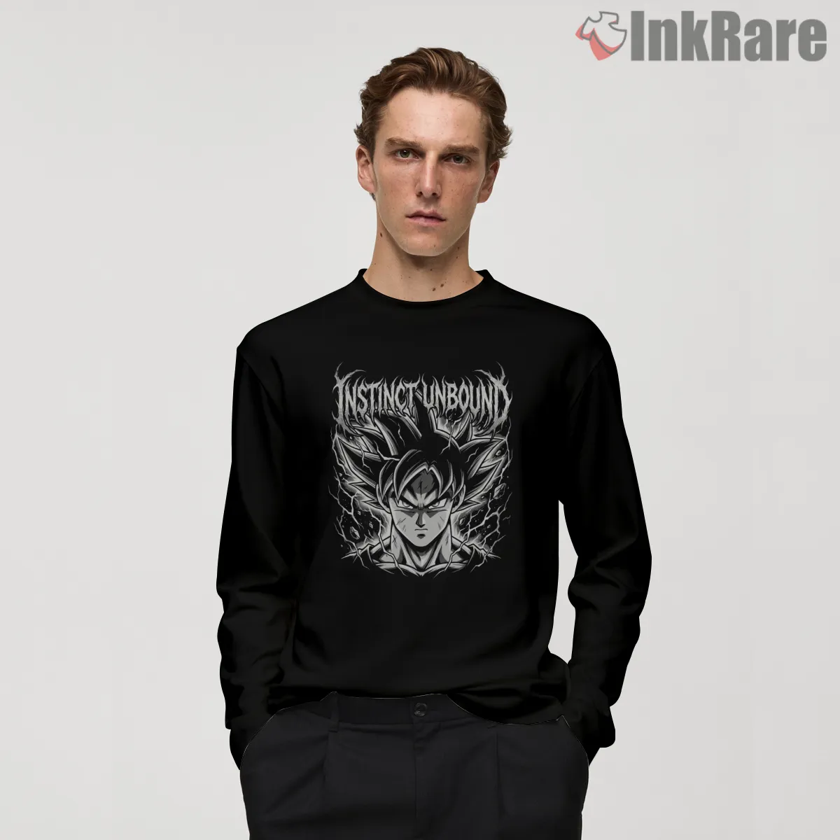 Goku Ultra Instinct Unbound Monochrome Long Sleeve Black Goku Ultra Instinct Unbound Monochrome Shirt on black long sleeve shirt for men graphic tee