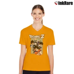 Women’s Goku Vegeta Gohan Piccolo Krillin Dragon Ball Z Graphic V-Neck Tee in orange | Chic Neckline, Soft Texture