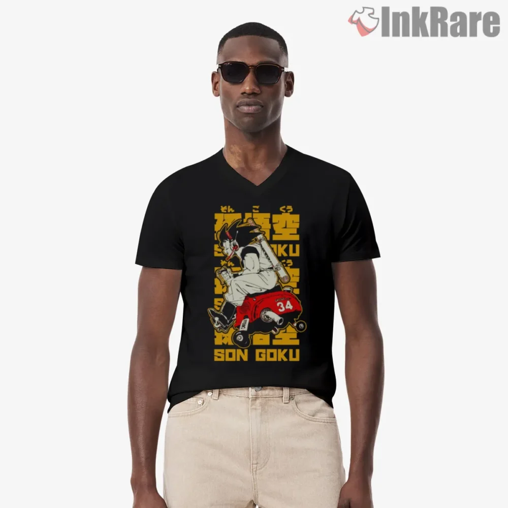Goku Vintage Sports Bike Manga Cover Shirt on black v-neck shirt for men graphic tee
