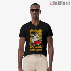 Goku Vintage Sports Bike Manga Cover Shirt on black v-neck shirt for men graphic tee