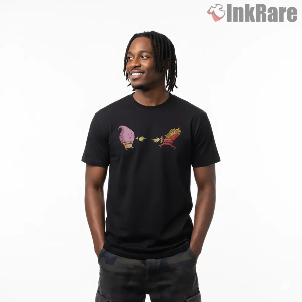 Goku Vs Buu Playful Beam Duel Scene Shirt on black short sleeve shirt for men graphic tee