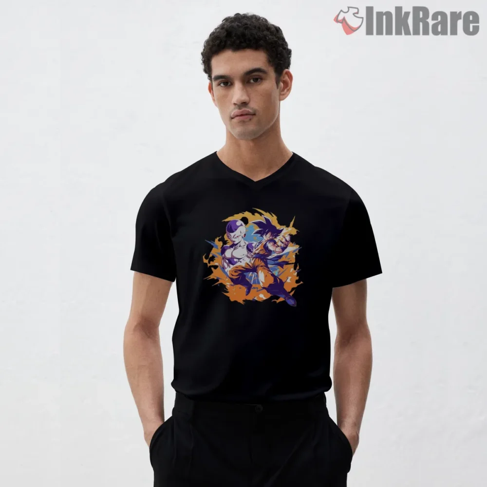 Goku Vs Frieza Clash Burst Duo Shirt on black v-neck shirt for men graphic tee