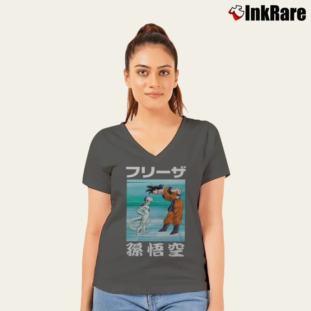 Women’s Goku Vs Frieza Staredown Dragon Ball Z V-Neck Tee in charcoal | Chic Neckline, Soft Texture