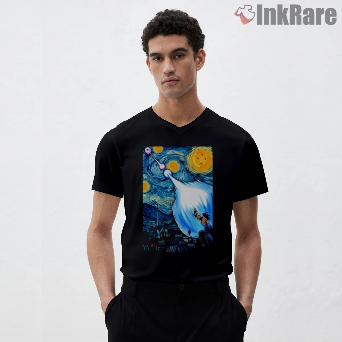 Goku Vs Vegeta Starry Night Battle V Neck Black Goku Vs Vegeta Starry Night Battle Shirt on black v-neck shirt for men graphic tee