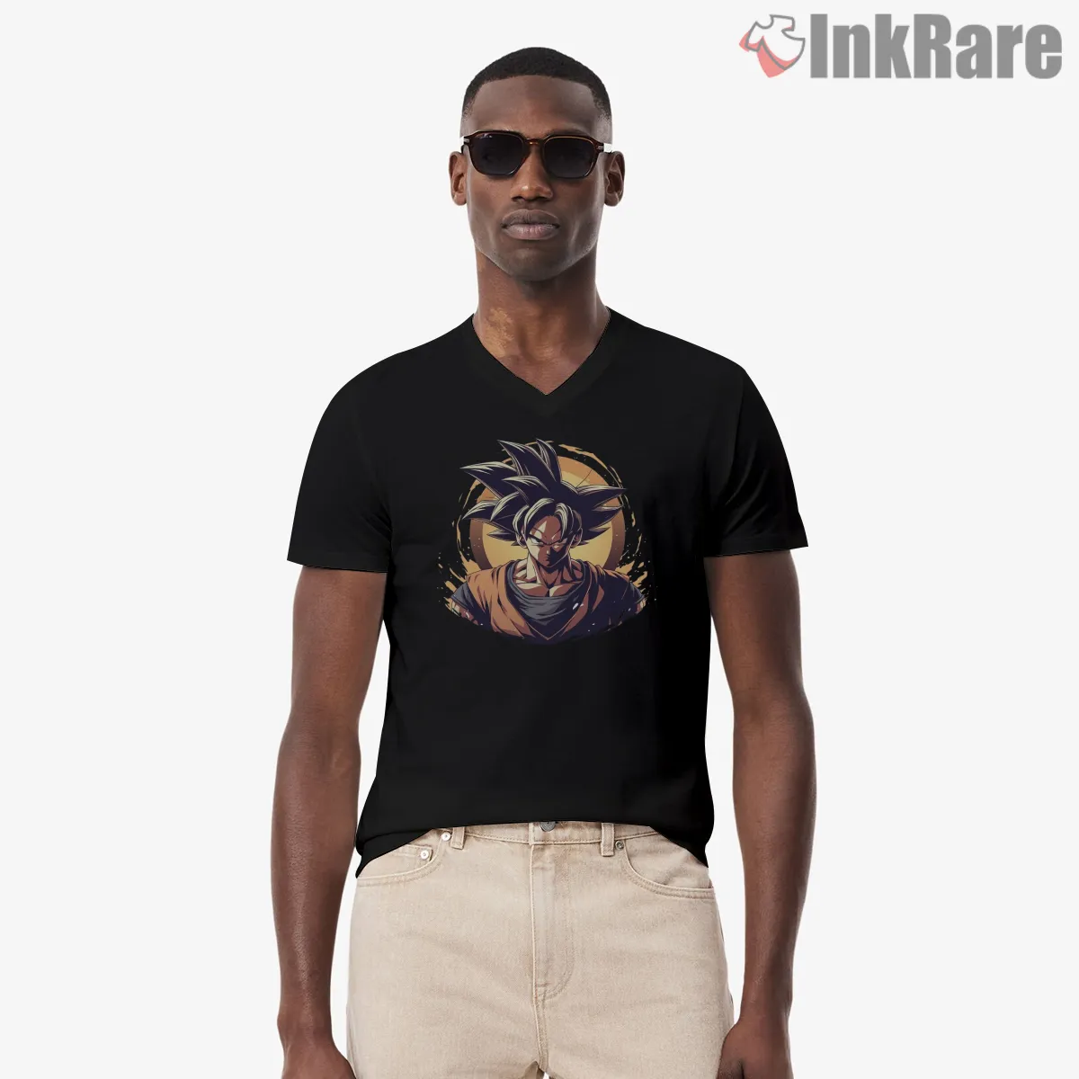 Goku Warm Sunset Aura Portrait V Neck Black Goku Warm Sunset Aura Portrait Shirt on black v-neck shirt for men graphic tee