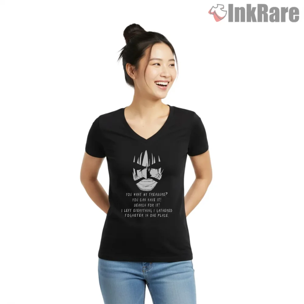 Gol D Roger Legendary Pirate King Quote Anime Shirt on black v-neck shirt for women graphic tee