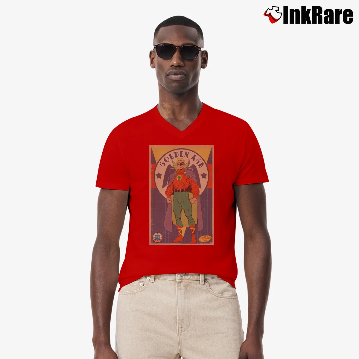 Men’s Golden Age Green Lantern V-Neck Tee in red | Sharp, Breathable, Everyday Staple